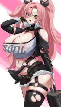  1girl arm_at_side bare_shoulders black_collar black_jacket black_ribbon black_shorts black_sleeves black_thighhighs blush breasts cellphone cleavage clothing_cutout collar covered_erect_nipples cropped_jacket cropped_shirt detached_collar detached_sleeves eyelashes female_focus from_side garter_belt green_eyes hair_ornament hair_ribbon hairclip hand_up holding holding_phone huge_breasts jacket jewelry long_hair looking_at_viewer looking_to_the_side mihoyo mole mole_on_breast mole_on_stomach mole_on_thigh mole_under_eye necklace nicole_demara open_clothes open_jacket open_mouth phone pink_background pink_hair ribbon see-through_clothes see-through_shirt shirt shorts shoulder_cutout sideways_glance silver_queen_(silverqueen0) simple_background single_thighhigh smartphone smile solo standing strapless strapless_shirt talking_on_phone thighhighs thighs torn_clothes torn_thighhighs twintails two-tone_background walking white_background white_shirt wide_hips zenless_zone_zero  rating:Questionable score:17 user:Only_Kemonomimi