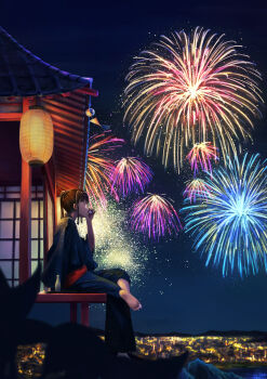  1girl absurdres architecture barefoot black_hair black_kimono blunt_bangs building city commentary_request cup east_asian_architecture feet fireworks full_body highres holding holding_cup japanese_clothes kimono lantern long_sleeves night night_sky no_shoes obi open_mouth original outdoors parted_lips red_sash sash scenery short_hair sky solo yamada_kotaro77 yukata 