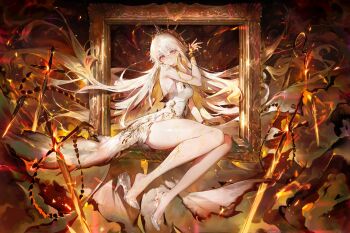  1girl absurdres agoto bare_legs bare_shoulders burn_scar burning burnt_clothes cinderella_(silver_palace) closed_mouth commentary crossed_bangs crown dress empty_picture_frame english_commentary fiery_hair fire glass_slipper hair_between_eyes high_heels highres long_hair looking_at_viewer picture_frame pink_eyes scar silver_palace sitting sleeveless sleeveless_dress solo sword very_long_hair weapon white_dress white_hair 