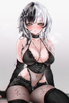  1girl :o alternate_costume arm_support arm_warmers belly_chain black_arm_warmers black_bra black_collar black_hair black_shirt black_shorts black_thighhighs blush bra bra_peek breasts breath collar crop_top cross-laced_clothes cross-laced_top fishnet_pantyhose fishnets grey_background grey_hair hair_ornament half-closed_eyes hashtag-only_commentary high-waist_pantyhose highres hololive hololive_english jewelry lace lace-trimmed_bra lace_trim large_breasts long_hair looking_at_viewer micro_shorts miuq_chan multicolored_hair navel necklace open_fly pantyhose parted_lips ribbed_thighhighs shiori_novella shirt shorts simple_background sitting sleeveless sleeveless_shirt solo split-color_hair studded_collar sweat thighhighs torn_clothes torn_pantyhose twitter_username two-tone_hair underwear virtual_youtuber yellow_eyes 