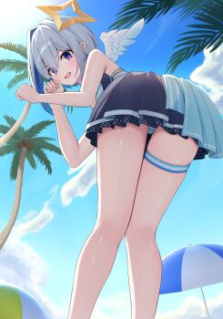  1girl absurdres amane_kanata angel_wings ass beach_umbrella bikini bikini_skirt bikini_under_skirt black_bikini blue_hair blue_sky blush bob_cut commentary_request feathered_wings gonza3_v hair_between_eyes halo highres hololive holonatsu_paradise leaning_forward looking_at_viewer looking_back mini_wings multicolored_hair open_mouth palm_tree pink_hair purple_eyes short_hair single_hair_intake sky smile solo star_halo streaked_hair swimsuit thigh_strap tree umbrella white_hair white_trim white_wings wings 