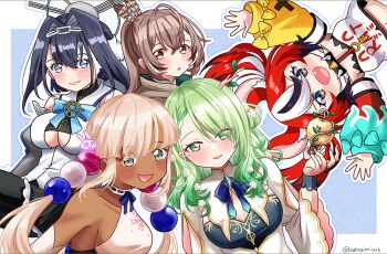  5girls :d amaimi animal_ears antlers apple aqua_bow asymmetrical_sleeves black_hair black_shirt blonde_hair blue_bow blue_bowtie blue_eyes blue_hair blush border bow bowtie breasts brown_eyes brown_hair ceres_fauna ceres_fauna_(1st_costume) cleavage_cutout clothing_cutout commentary cropped_shirt dark-skinned_female dark_skin detached_sleeves fang feathers food fruit golden_apple gradient_hair green_eyes green_hair hair_between_eyes hair_intakes hakos_baelz hakos_baelz_(1st_costume) halo heart holocouncil hololive hololive_english horns key large_breasts long_sleeves looking_at_viewer mechanical_halo mismatched_sleeves mouse_ears multicolored_hair multiple_girls nanashi_mumei nanashi_mumei_(1st_costume) open_mouth ouro_kronii ouro_kronii_(1st_costume) pinstripe_pattern pinstripe_shirt ponytail red_hair shirt sideboob sleeveless sleeveless_shirt smile streaked_hair tongue tsukumo_sana tsukumo_sana_(1st_costume) twintails underboob usaslug_(tsukumo_sana) virtual_youtuber white_border white_hair white_shirt yellow_bow yellow_eyes yellow_sleeves 