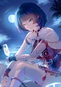  1girl animal_ears bare_shoulders black_hair black_one-piece_swimsuit black_sarong blue_eyes breast_curtains breasts champagne_flute choker collarbone commentary_request cup drinking_glass earrings feet_out_of_frame fingernails fishnet_sleeves fishnets highres holding holding_cup horizon jane_doe_(nocturne_of_light)_(zenless_zone_zero) jane_doe_(zenless_zone_zero) jewelry large_breasts leather_leotard long_hair looking_at_viewer milk_(ohota_ye1) moon mouse_ears mouse_girl mouse_tail multicolored_hair night notched_ear o-ring o-ring_choker o-ring_swimsuit ocean official_alternate_costume one-piece_swimsuit outdoors palm_tree parted_lips red_hair red_nails red_one-piece_swimsuit sand sarong sitting solo swimsuit tail thigh_strap tree two-tone_one-piece_swimsuit zenless_zone_zero 