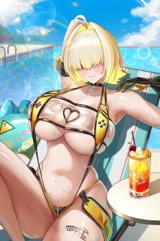  1girl absurdres ahoge arm_strap arm_up armpits bare_shoulders beach_chair black_choker black_gloves blonde_hair blue_sky body_writing breasts choker cleavage closed_mouth clothing_cutout cloud collarbone commentary commentary_typo cup day drink elegg_(boom_and_shock)_(nikke) elegg_(nikke) game_controller_print gloves goddess_of_victory:_nikke hair_between_eyes hair_intakes hair_over_eyes heart_cutout highres ice ice_cube innertube large_breasts lens_flare long_bangs looking_at_viewer multicolored_hair navel official_alternate_costume outdoors pool pool_ladder poolside purple_eyes rabbit_choker rabbit_ornament ram-pang round_table see-through_slingshot_swimsuit shadow short_hair sidelocks sitting sky slingshot_swimsuit smile solo stomach sweat swim_ring swimsuit table two-tone_gloves two-tone_hair water yellow_gloves yellow_slingshot_swimsuit 