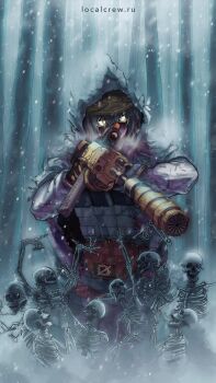  1girl aiming ak-12 assault_rifle capelet forest fyugins_png gloves glowing glowing_eyes gun helmet highres holding holding_gun holding_weapon hood hooded_capelet kalashnikov_rifle long_sleeves military_combat_uniform military_uniform nature original rifle skeleton snowing soldier solo suppressor weapon white_capelet white_hair winter yellow_eyes 