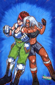  2025 2girls armor armored_gloves artist_name black_shorts blue_background blue_eyes boots brown_eyes brown_hair catfight clenched_hands dark-skinned_female dark_skin fang fighting_vipers fingerless_gloves gloves headband highres jane_(fighting_vipers) knee_armor lipstick long_hair looking_at_another makeup multiple_girls muscular muscular_female open_mouth red_lips sega short_hair shorts shoulder-to-shoulder simple_background socks sports_bra sportswear takkun_(takkun_art) vanessa_lewis virtua_fighter white_hair 