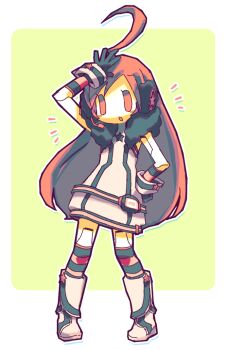  1girl ahoge android black_gloves black_thighhighs boots drawpile_(medium) dress full_body fur_dress gloves hand_on_own_forehead hand_on_own_hip headset huge_ahoge joints knee_boots long_hair multicolored_thighhighs negiwave2000 open_mouth orange_eyes orange_hair orange_thighhighs photoshop_(medium) robot_joints sf-a2_miki sleeveless sleeveless_dress solo star_(symbol) striped_clothes striped_thighhighs thighhighs two-tone_thighhighs very_long_hair vocaloid white_boots white_dress 