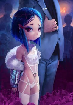  3girls 4boys age_difference ass blue_hair butt_crack buttons cameltoe eyeshadow fiz-rot flat_chest frown garter_belt garter_straps hair_ornament highres jacket lace lingerie loli makeup multiple_boys multiple_girls navel older_male_and_younger_female original panties party pinky_ring prostitution red_eyes revealing_clothes sad short_hair suit_jacket thighhighs underwear  rating:Questionable score:667 user:secret64