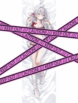  1girl absurdres ahoge alisa_mikhailovna_kujou asymmetrical_legwear bed_sheet black_bra black_panties blue_eyes blush bow bowtie bra breasts caution_tape cleavage closed_mouth collared_shirt commentary_request crossed_bangs dakimakura_(medium) embarrassed facing_viewer full_body grey_hair hair_between_eyes hair_ribbon hands_up highres long_hair long_sleeves looking_to_the_side lying momoko_(momopoco) official_art on_back open_clothes open_shirt panties red_bow red_bowtie red_ribbon ribbon second-party_source shirt solo tokidoki_bosotto_roshia-go_de_dereru_tonari_no_alya-san underwear uneven_legwear unworn_bowtie white_shirt wing_collar 