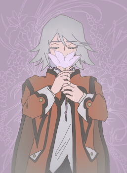  black_trim closed_eyes coat floral_background flower highres holding holding_flower orange_coat purple_background raine_sage shirt sidelocks sleeve_cuffs smelling smelling_flower smsmsms2021 swept_bangs tales_of_(series) tales_of_symphonia white_hair white_shirt 