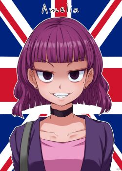  1girl 4shi amelia_(pathways) black_choker blunt_bangs bob_cut cardigan character_name choker commentary_request ear_piercing fangs flag_background grin highres looking_at_viewer mole mole_under_eye pathways_(game) piercing pink_shirt purple_cardigan purple_eyes purple_hair shirt short_hair smile solo union_jack upper_body 