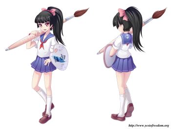  1girl absurdres art_brush atomix black_hair brown_eyes deth female_focus freedom-tan highres jiyu original paintbrush paint_palette ponytail ribbon sailor school_uniform shield socks solo  rating:Sensitive score:5 user:Schrobby