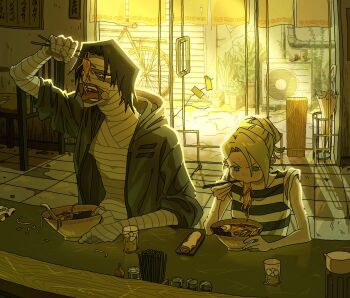  1boy 1girl abandoned alternate_hairstyle backlighting bandaged_arm bandaged_chest bandaged_head bandages bicycle black_hair black_jacket blonde_hair blue_eyes blush bowl broken_glass can chopsticks closed_umbrella commentary condenser_unit counter crack cracked_floor cracked_wall crushed_can cup dark-skinned_male dark_skin dilapidated drink drink_can eating food glass glass_door hair_bun half-split_chopsticks highres holding holding_bowl holding_chopsticks hood hood_down hooded_jacket indoors isaac_foster jacket kamaboko light_rays melting messy_eater narutomaki noodles noren nori_(seaweed) open_clothes open_jacket open_mouth plank plant potted_plant puffy_cheeks rachel_gardner ramen restaurant rinrinririn187 salt_shaker satsuriku_no_tenshi shadow shirt short_hair short_sleeves sitting sleeves_rolled_up slurping soda_can softboiled_egg spoon striped_clothes striped_shirt sunbeam sunlight sunset sweat sweatdrop symbol-only_commentary tape tile_floor tiles tongue tongue_out torn umbrella umbrella_stand upper_body v-shaped_eyebrows window_shadow yellow_eyes yurie_mouth 