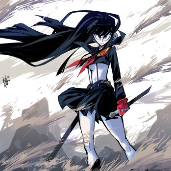  absurdres black_hair blue_eyes breasts cosplay hashtag-only_commentary highres honnoji_academy_school_uniform kill_la_kill kiryuuin_satsuki little_mojoi matoi_ryuuko matoi_ryuuko_(cosplay) revealing_clothes school_uniform senketsu sword thick_eyebrows trigger_(company) underboob weapon 