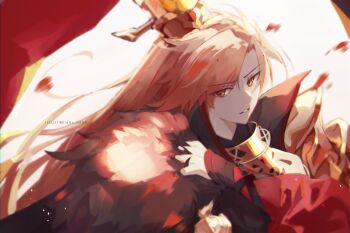  1boy adjusting_clothes armor black_cape brown_eyes cape chinese_commentary commentary_request curtains falling_petals frown fur-trimmed_cape fur_trim furrowed_brow gold_armor high_collar highres long_hair long_sleeves looking_at_viewer male_focus motion_blur nana895 orange_hair parted_lips pauldrons peking_duck_(the_tale_of_food) petals puffy_long_sleeves puffy_sleeves red_shirt shirt shoulder_armor single_pauldron solo swept_bangs the_tale_of_food white_background xiao_guan_(headdress) 