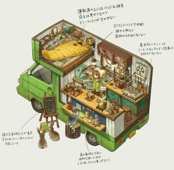  1girl absurdly_detailed_composition absurdres air_conditioner ari_(anriko) bag barista beanie book brown_hair cafe car closed_mouth coat coffee coffee_grinder coffee_maker coffee_pot coffee_siphon commentary_request counter cup disposable_cup dollhouse_view earflap_beanie floorplan food_truck frying_pan green_car green_coat grey_background hair_brush hat highres holding holding_kettle hood hood_down hooded_coat kettle lamp loaded_interior looking_at_object menu_board motor_vehicle motorhome on_tree_stump original picture_frame pom_pom_(clothes) pom_pom_beanie rabbit raccoon radio recreational_vehicle saucer sink sleeping_bag smile sticker stool stove swept_bangs teacup translation_request tree_stump weighing_scale white_hat 