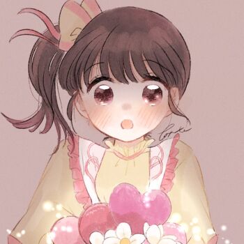  1girl :o alternate_costume birthday blush bow commentary_request hair_bow heart kimetsu_no_yaiba looking_at_viewer open_mouth pink_background pink_bow purple_eyes shirt side_ponytail simple_background solo surprised taruto_(t_a2814) tsuyuri_kanao yellow_shirt 