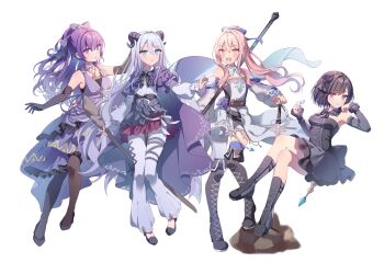  1other 25-ji_nightcord_de._(project_sekai) 3girls :d akiyama_mizuki asahina_mafuyu back_bow bare_shoulders belt black_belt black_boots black_bow black_bowtie black_dress black_gloves black_hair black_horns black_pantyhose black_ribbon black_shoes black_skirt black_sleeves blue_eyes blue_flower blue_gemstone blue_ribbon blush boku_no_ashiato_kimi_no_yukusaki_(project_sekai) boots bow bowtie breasts cape choker commentary_request cross-laced_clothes cross-laced_dress crossed_legs curled_horns demon_horns detached_collar detached_sleeves dress elbow_gloves flower fold-over_boots frilled_choker frills gem gin_(gin937) gloves grey_bow grey_dress grey_hair grey_pants grey_sleeves hair_bow hair_ribbon hand_on_hilt hand_on_own_cheek hand_on_own_face head_on_hand head_rest highres holding holding_gem holding_polearm holding_weapon horns invisible_chair jewelry lace-trimmed_bow lace-up_boots lace_trim layered_skirt leg_ribbon long_hair long_sleeves medium_breasts medium_dress multiple_girls necklace no_socks official_alternate_costume open_mouth pants pants_under_skirt pantyhose parted_lips pink_eyes pink_hair planted planted_sword planted_weapon polearm ponytail project_sekai purple_cape purple_eyes purple_hair ribbon rock shinonome_ena shirt shoes short_hair simple_background sitting skirt smile standing standing_on_one_leg sword thigh_boots very_long_hair weapon white_background white_pantyhose white_shirt yoisaki_kanade 