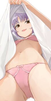 1girl bikini breasts from_below hair_ornament hairclip highres hiroki_(yyqw7151) idolmaster idolmaster_cinderella_girls koshimizu_sachiko lifting_own_clothes looking_at_viewer looking_down navel open_mouth pink_bikini purple_hair shirt short_hair simple_background small_breasts smile solo swimsuit thighs underboob upshirt white_background rating:Sensitive score:132 user:danbooru