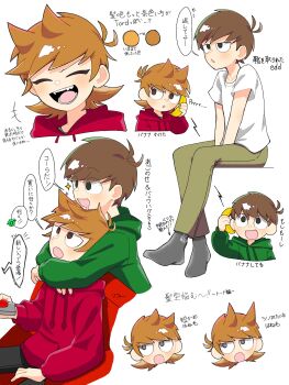  2boys animal_print animification antenna_hair arms_around_neck banana banana_phone black_pants blush brown_hair cameo cat_print character_print chibi closed_eyes commentary_request controller couch drawstring drooling edd_(eddsworld) eddsworld fangs flipped_hair food fruit full_body green_eyes green_hoodie green_pants grey_eyes grey_socks hair_behind_ear hair_ears highres holding holding_controller holding_remote_control hood hood_down hoodie hug hug_from_behind jitome laughing long_sleeves male_focus multiple_boys multiple_views no_shoes on_couch open_mouth pants red_eyes red_hoodie remote_control ringo_(eddsworld) roshii_(ionlw0gynh24926) shirt short_hair short_sleeves simple_background sitting smile socks sparkle speech_bubble swept_bangs tord_(eddsworld) translation_request white_background white_shirt 