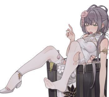  1girl bare_shoulders beiji_shayu breasts commentary_request condom covered_erect_nipples cum cum_on_body cum_pool dress facial flower green_eyes grey_hair hair_flower hair_ornament highres in_container in_trash_can long_hair luo_tianyi pelvic_curtain shoes sleeveless sleeveless_dress small_breasts solo thighhighs tongue tongue_out torn_clothes torn_thighhighs trash_can used_condom vocaloid white_dress white_thighhighs 