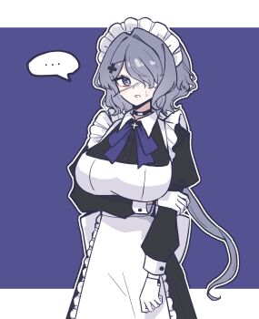  ... 1girl apron arknights arm_under_breasts black_choker black_dress border breasts bright_pupils choker cross dress eyepatch frilled_apron frills gloves greek_cross grey_hair hair_ornament hair_over_one_eye highres hmrsh juliet_sleeves large_breasts long_hair long_sleeves looking_at_viewer maid maid_apron maid_headdress one_eye_covered outline outside_border puffy_sleeves purple_background purple_eyes solo spoken_ellipsis standing sweatdrop whisperain_(arknights) white_apron white_border white_gloves white_outline white_pupils x_hair_ornament 