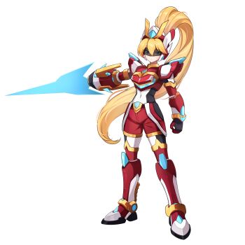  1girl absurdres adapted_costume alternate_costume arm_cannon armor armored_boots assault_visor belt belt_buckle blade_armor_x_(mega_man) blonde_hair blue_eyes body_armor bodystocking bodysuit boots buckle chest_jewel ciel_(mega_man) commission commissioner_upload covered_navel elbow_gloves energy_blade eyelashes forehead_jewel full_body gauntlets gloves helmet highres hip_armor knee_armor long_bangs long_hair mechanical_ears mega_man_(series) mega_man_zero_(series) mega_man_zx model_z_(mega_man) non-web_source petite ponytail shorts shoulder_armor solo thigh_boots thighs transparent_background uta_guipiy weapon x_(mega_man) 