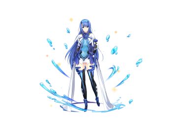  1girl armor blue_eyes blue_hair bodysuit boots breasts choukou_(alicesoft) choukou_shinki_ixseal covered_navel ellis_xillia full_body gloves ixseal leotard long_hair looking_at_viewer magical_girl official_art onigirikun otogi_frontier second-party_source smile solo standing sword tachi-e thighhighs transparent_background variant_set very_long_hair water weapon zettai_ryouiki 