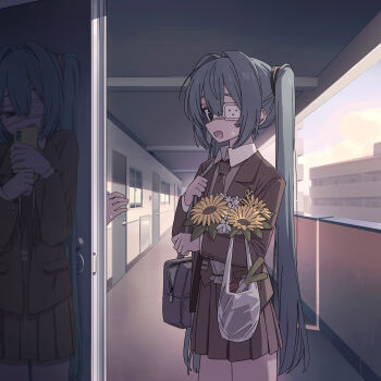  1other 2girls absurdres aqua_hair bag black_eyes bouquet brown_jacket brown_necktie brown_skirt cellphone channel_(caststation) clone collared_shirt commentary eyepatch flower hair_between_eyes hatsune_miku hiding highres holding holding_bag holding_bouquet holding_phone jacket long_hair looking_at_viewer medical_eyepatch monitoring_(vocaloid) multiple_girls necktie phone plastic_bag pleated_skirt shirt skirt smartphone spring_onion sweatdrop twintails vocaloid white_flower white_shirt yellow_flower 