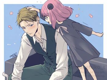  1boy 1girl adoptive_parent_and_adoptive_child anya_(spy_x_family) black_dress blonde_hair blue_background blue_eyes blush border bow child collared_shirt commentary_request couch dated dress dress_bow father_and_daughter furrowed_brow green_pants green_vest hairpods hand_in_another's_hair hand_on_another's_head headpat highres looking_at_another medium_hair open_mouth pants parted_bangs pink_hair shirt short_hair sitting spy_x_family sweatdrop takehide twilight_(spy_x_family) vest waistcoat white_border white_shirt 