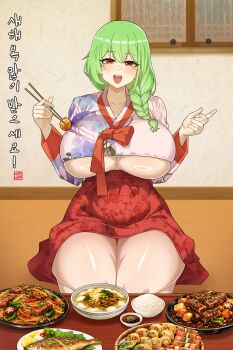  1girl absurdres alternate_costume banshee_(last_origin) braid braided_ponytail breasts chima_(clothes) chopsticks commentary english_commentary food green_hair hanbok highres holding holding_chopsticks huge_breasts korean_clothes last_origin long_sleeves looking_at_viewer new_year noonnoon531 red_eyes seiza sitting solo table thick_thighs thighs underboob wooden_table 