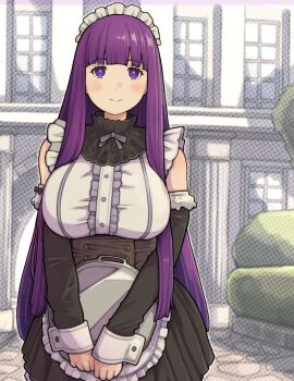  1girl alternate_costume apron bare_shoulders black_bow black_dress black_sleeves blunt_bangs blush bow breasts closed_mouth commentary_request detached_sleeves dress enmaided fern_(sousou_no_frieren) framed_breasts frilled_apron frills highres holding holding_tray large_breasts long_hair long_sleeves looking_at_viewer maid maid_apron maid_headdress purple_eyes purple_hair sidelocks sleeveless smile solo sousou_no_frieren standing sugajyun tray underbust very_long_hair waist_apron white_apron wrist_cuffs 