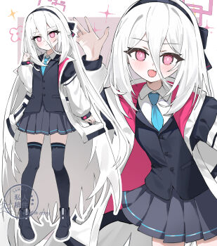  1girl :d absurdly_long_hair absurdres ankle_boots arm_at_side black_boots black_bow black_hairband black_jacket black_skirt black_thighhighs blue_archive blue_necktie blush boots border bow breasts bright_pupils buttons chinese_commentary clenched_hand closed_mouth collared_shirt commentary commission cowboy_shot double-parted_bangs fang full_body hair_between_eyes hair_bow hairband halo hand_up highres jacket kei_(blue_archive) long_bangs long_hair long_hair_between_eyes looking_at_viewer multicolored_jacket multiple_views necktie open_clothes open_hand open_jacket open_mouth outline outside_border pink_background pink_eyes pink_halo pink_jacket pleated_skirt projected_inset rectangular_halo sample_watermark shirt skin_fang skirt small_breasts smile sparkle standing thighhighs two-sided_fabric two-sided_jacket very_long_hair watermark white_border white_hair white_jacket white_outline white_pupils white_shirt yi_zhi_xun 