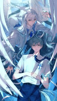  2boys angel_wings basketweave blue_eyes blue_gemstone blue_necktie blue_pants blue_sash brown_eyes cardcaptor_sakura chest_jewel chinese_commentary closed_mouth cowboy_shot dual_persona feathered_wings feathers gem glasses grey_hair highres interlocked_fingers long_hair long_sleeves looking_at_viewer lying male_focus mandarin_collar multiple_boys necktie on_back on_floor on_stomach own_hands_together pants robe sash school_uniform shirt shirt_tucked_in short_hair short_sleeves sleeves_past_wrists smile sparkle tanling tomoeda_high_school_uniform tomoeda_middle_school_uniform tsukishiro_yukito very_long_hair watermark white_feathers white_hair white_robe white_shirt white_wings window_shadow wings yue_(cardcaptor_sakura) 