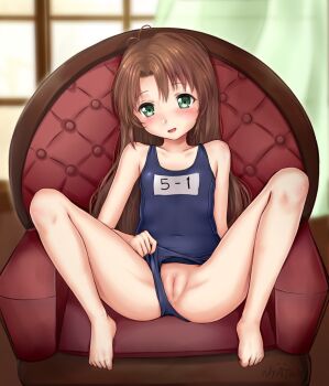 1girl :d antenna_hair ass bad_id bad_pixiv_id barefoot blue_one-piece_swimsuit blush brown_hair chair cleft_of_venus clitoris clothes_pull clothing_aside collarbone covered_navel curtains fat_mons feet female_focus flat_chest full_body green_eyes highres indoors knees_up koshigaya_komari legs loli long_hair looking_at_viewer name_tag non_non_biyori nyatrix old_school_swimsuit one-piece_swimsuit one-piece_swimsuit_pull open_mouth parted_bangs presenting pussy school_swimsuit shiny_skin signature sitting smile solo spread_legs swimsuit swimsuit_aside transparent uncensored very_long_hair window rating:Explicit score:245 user:Domestic_Importer