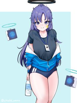  1girl arm_behind_back black_shirt blue_archive blue_background blue_buruma blue_eyes blue_jacket blue_shorts blush bottle breasts buruma chinke_wana drone gym_shorts halo hand_on_own_arm high_ponytail holding holding_bottle jacket lanyard long_hair medium_breasts millennium_science_school_logo off-shoulder_jacket off_shoulder open_clothes open_jacket pink_pupils plastic_bottle ponytail purple_hair shirt short_shorts shorts smile solo standing star_(symbol) star_sticker sticker sticker_on_face t-shirt thick_thighs thighs track_jacket twitter_username water_bottle yuuka_(blue_archive) yuuka_(track)_(blue_archive) 