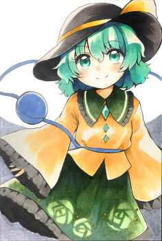 1girl absurdres bad_id bad_pixiv_id black_hat buttons closed_mouth collared_shirt commentary_request contrast_collar cowboy_shot diamond_button floral_print frilled_shirt_collar frilled_skirt frilled_sleeves frills green_eyes green_hair green_skirt hair_between_eyes hat hat_ribbon highres komeiji_koishi long_sleeves looking_at_viewer maa_(forsythia1729) print_skirt ribbon rose_print shirt short_hair skirt sleeves_past_wrists smile solo third_eye touhou wide_sleeves yellow_ribbon yellow_shirt 