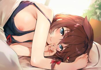 1girl ahoge blue_eyes blush braid breasts brown_hair day female_focus hair_flaps hair_ornament kantai_collection long_hair looking_at_viewer lying medium_breasts morning_after nipple_slip nipples off_shoulder on_bed on_side shigure_(kancolle) shigure_kai_ni_(kancolle) single_braid smile solo umakuchi_shouyu under_covers window rating:Questionable score:101 user:danbooru