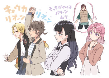 5girls black_hair black_jacket black_skirt brown_hair brown_jacket brown_sleeves cardboard_box_gundam character_request commentary_request copyright_request crossed_arms gradient_hair green_shirt grey_hair grey_jacket highres holding_hands jacket jitome letterman_jacket multicolored_hair multiple_girls open_clothes open_jacket pink_hair pleated_skirt purple_eyes shirt short_hair skirt speech_bubble thought_bubble translation_request two_side_up white_shirt yukitake_(bullfalk) 