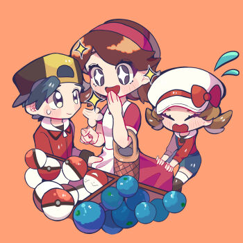  +_+ 1boy 2girls apricorn apron backwards_hat baseball_cap black_hair blue_overalls blush blush_stickers boots bow brown_boots brown_hair closed_eyes closed_mouth clothes_pull commentary deformed dress dress_pull electrode_(pokemon) english_commentary ethan_(pokemon) eyelashes flying_sweatdrops grey_eyes hairband hat hat_bow highres jacket johto_mother lyra_(pokemon) mother_and_daughter mother_and_son multiple_girls nintendo open_mouth orange_background overall_shorts overalls partially_visible_vulva pokemon pokemon_hgss puff_of_air red_bow red_dress red_hairband red_jacket red_shirt shirt simple_background smile sparkle sweatdrop twintails two-tone_hat user_vrme3225 white_apron white_hat 