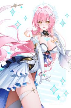  1girl absurdres aemeath_(wuthering_waves) ahoge bare_shoulders blush breasts cleavage collarbone commentary elbow_gloves gloves hair_ornament highres leotard long_hair looking_at_viewer medium_breasts open_mouth pink_hair ponytail showgirl_skirt simple_background sinonomemikann skirt smile solo strapless strapless_leotard tacet_mark_(wuthering_waves) thighs v very_long_hair white_background white_gloves white_leotard white_skirt wuthering_waves 