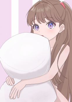  1girl absurdres brown_hair commentary_request covering_privates fujishima_megumi hasutousan highres holding holding_pill link!_like!_love_live! long_hair looking_at_viewer love_live! nude nude_cover open_mouth pill purple_background purple_eyes simple_background solo two_side_up very_long_hair virtual_youtuber 