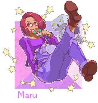  1girl ankle_boots blunt_bangs boots breasts brown_boots candy character_name closed_mouth collarbone commentary_request curtained_hair food full_body hand_in_pocket holding holding_candy holding_food holding_lollipop lollipop long_sleeves maru_(stardew_valley) medium_breasts overalls panties purple_eyes purple_overalls purple_panties purple_shirt red_hair robot shirt short_hair smile solo star_(symbol) stardew_valley strap_slip swirl_lollipop tanagawa_makoto underwear 