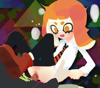  1girl absurdres boots clothes_pull highres inkling matching_hair/eyes nami_(splatoon) necktie nintendo orange_eyes orange_hair pants pants_pull pussy pussy_juice sex splatoon_(series) splatoon_1 tagme tentacle_hair tukadanobuo vaginal 