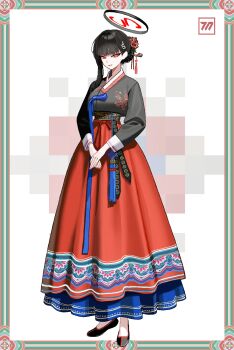  1girl absurdres alternate_costume anyak05 black_hair black_shirt black_shoes blue_archive blunt_bangs commentary dated_commentary flower full_body hair_flower hair_ornament hair_stick halo hanbok highres jeogori_(clothes) korean_clothes looking_at_viewer millennium_science_school_logo own_hands_together red_eyes red_skirt rio_(blue_archive) shirt shoes single_sidelock skirt solo 