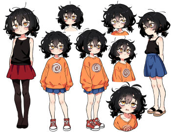  1girl absurdres black_hair blue_skirt commentary english_commentary highres leims_(urje8584) messy_hair multiple_views original pantyhose shirt shoes simple_background skirt twintails white_background 