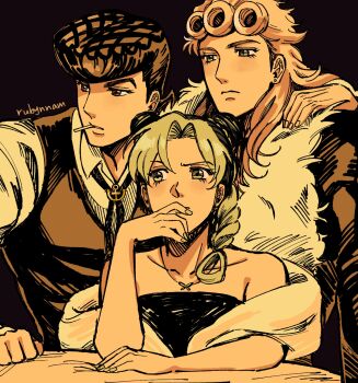  1girl 2boys alternate_costume arm_around_shoulder artist_name black_hair blonde_hair bolo_tie braid braided_bun brown_eyes butterfly_necklace collared_shirt commentary diamond_wa_kudakenai double_bun english_commentary formal_clothes fur_collar giorno_giovanna green_eyes green_hair hair_bun hand_on_own_face higashikata_josuke highres jewelry jojo_no_kimyou_na_bouken kuujou_jolyne lollipop_in_mouth long_sleeves looking_to_the_side mouth_hold multicolored_hair multiple_boys necklace pompadour rubynnam shirt stone_ocean strapless vento_aureo vest 