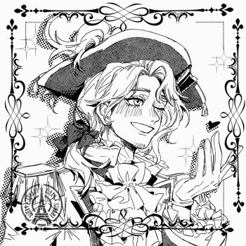  1boy ascot axis_powers_hetalia bicorne blush chinese_commentary commentary_request epaulettes facial_hair france_(hetalia) gloves goatee_stubble greyscale hat highres jacket lihua380 low_ponytail male_focus medium_hair monochrome one_eye_closed open_mouth plume ponytail smile solo stubble upper_body white_background 
