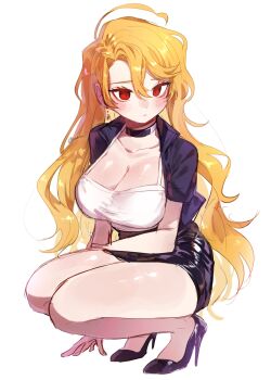  1girl absurdres ahoge black_choker black_jacket black_shoes black_skirt blonde_hair blush breasts choker cleavage closed_mouth don_quixote_(project_moon) earrings full_body high-waist_skirt high_heels highres jacket jewelry large_breasts latex latex_skirt limbus_company long_hair looking_to_the_side miniskirt miniskirt_pirates open_clothes open_jacket pmchell_04 project_moon red_eyes sancho_(project_moon) shiny_skin shirt shoes short-sleeved_jacket short_sleeves simple_background skin_tight skirt sleeveless sleeveless_shirt slit_pupils squatting unfinished white_background white_shirt 