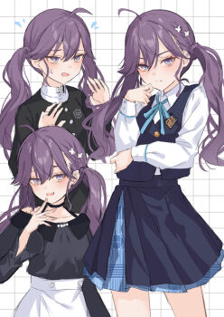  1girl ahoge bags_under_eyes black_choker black_jacket black_overskirt black_shirt black_skirt black_vest blue_eyes blue_ribbon blue_skirt blush braid butterfly_hair_ornament choker collarbone flying_sweatdrops gakuen_idolmaster gokugetsu_academy_school_uniform grid_background hair_ornament hatsuboshi_gakuen_school_uniform highres idolmaster jacket kaya_rinha kuramoto_beta-carotene looking_ahead looking_at_viewer multiple_views neck_ribbon off-shoulder_shirt off_shoulder official_alternate_costume purple_hair ribbon school_uniform shirt skirt smile twintails vest white_shirt 
